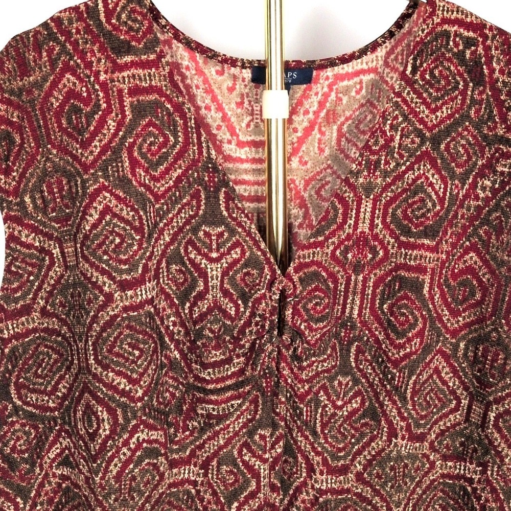Chaps Women 3X Sleeveless Blouse Burgundy Brown Geometric Ruched V-Neck Knit Top